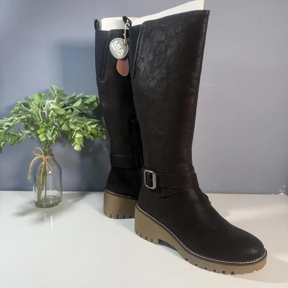 MIA Women's Black Knee-High Buckle Boots‎ with Lug Sole Size 6